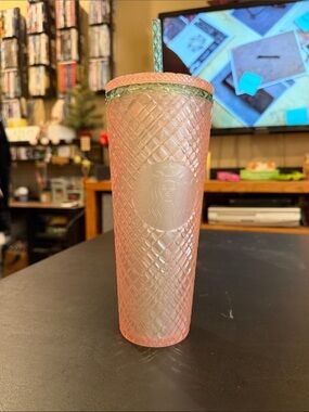 Starbucks Pink Diamond-Texture Tumbler with Green Trim